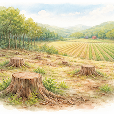 切り株が残る土地と奥に広がる農地から森林破壊と土地利用の変化を示すイラスト