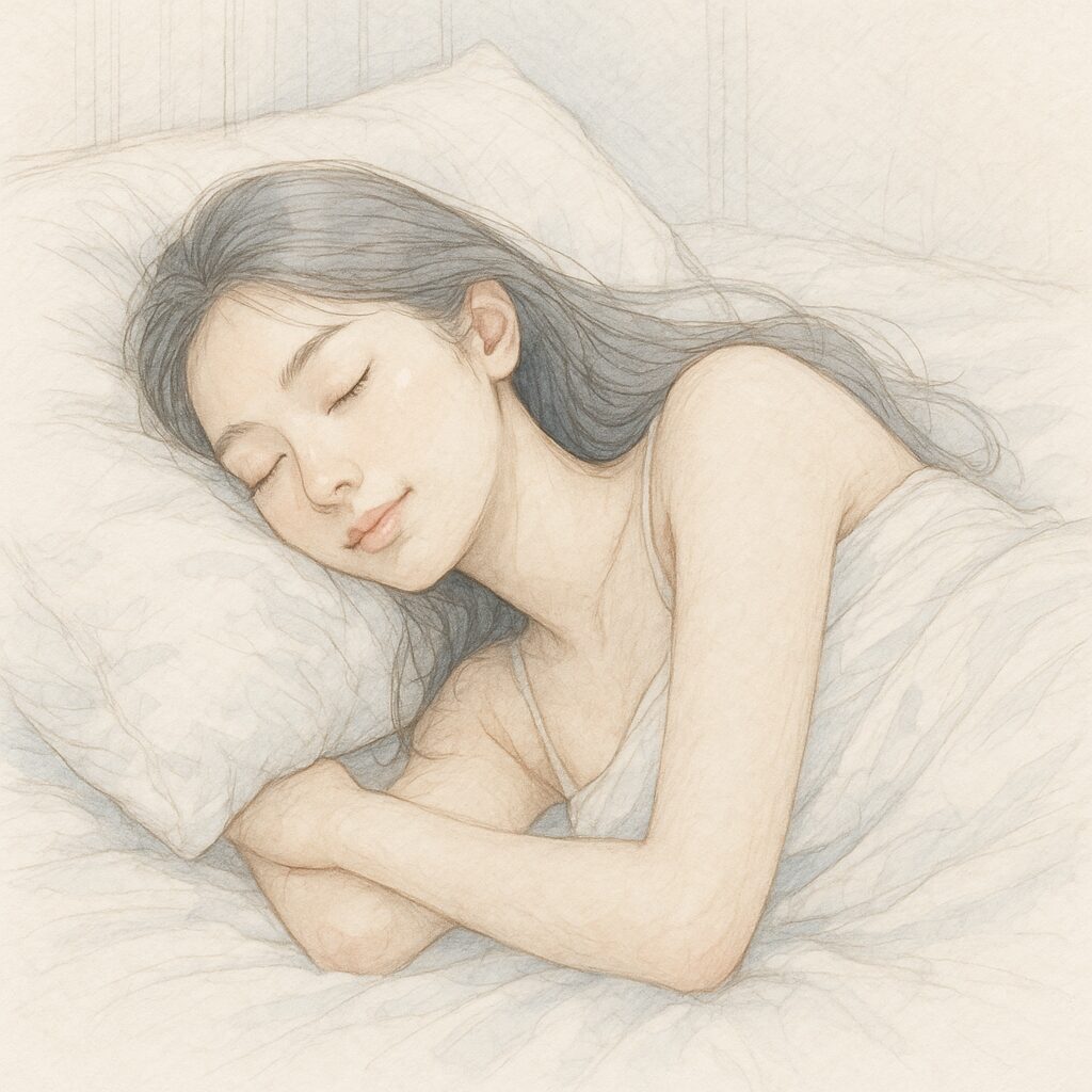 布団の中でリラックスして眠る若い女性。肌がきれいで穏やかな寝顔。
