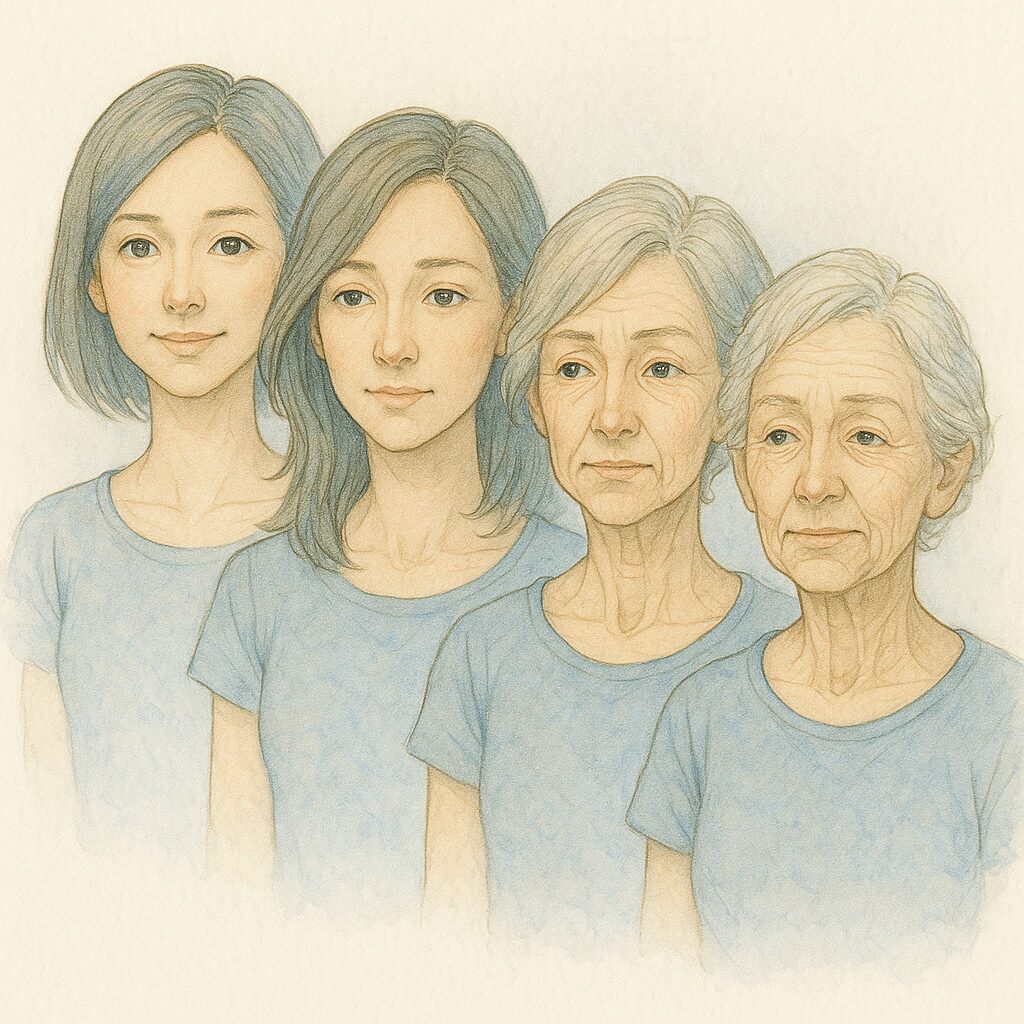 若い女性から高齢女性へと表情や肌の変化を段階的に描いた水彩イラスト。大人世代で起こる自然なエイジングを示している。