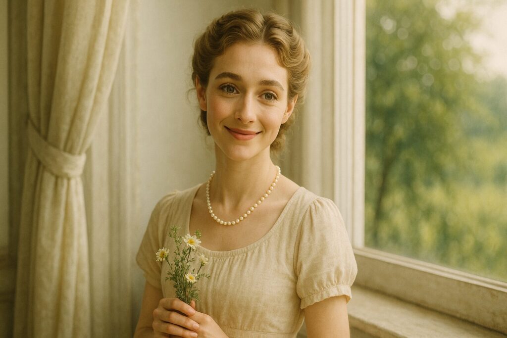 窓辺で小さな花を持ち、やさしく微笑む若い女性。自然光の中で穏やかな表情をしている。