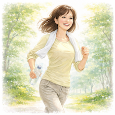 公園で軽やかに体を動かす日本人女性の様子から植物性の選択による体の軽さと日常の変化を示すイラスト