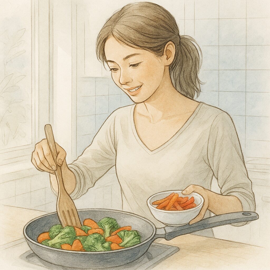 キッチンでブロッコリーと人参をフライパンで調理する若い女性。植物性食材を使ったヘルシーなヴィーガン料理を作っている様子。