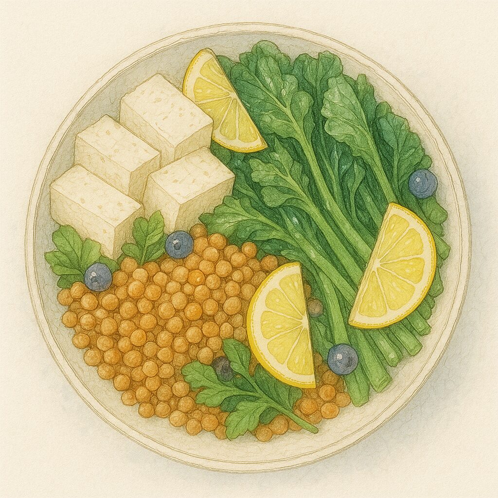 豆腐、レンズ豆、菜の花、レモン、ブルーベリーを盛りつけたヴィーガン栄養バランスプレート。抗酸化物質・タンパク質・ビタミンが豊富な食材の組み合わせ。