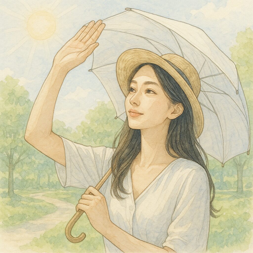 日差しを避けながら日傘をさして歩く女性。帽子をかぶり紫外線対策をしている。