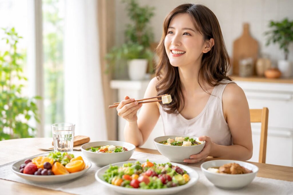ヴィーガン食事を楽しむ30代女性の明るい食卓風景