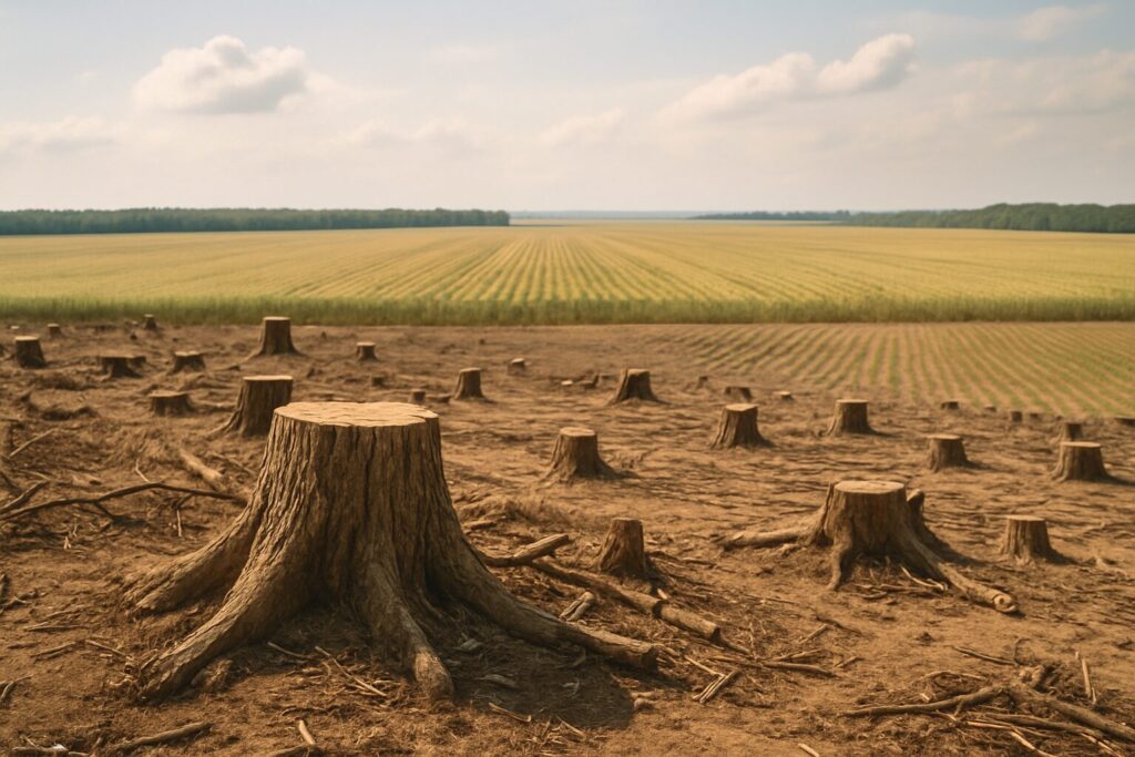 工業型畜産による森林破壊と環境問題 伐採された土地と農地の風景