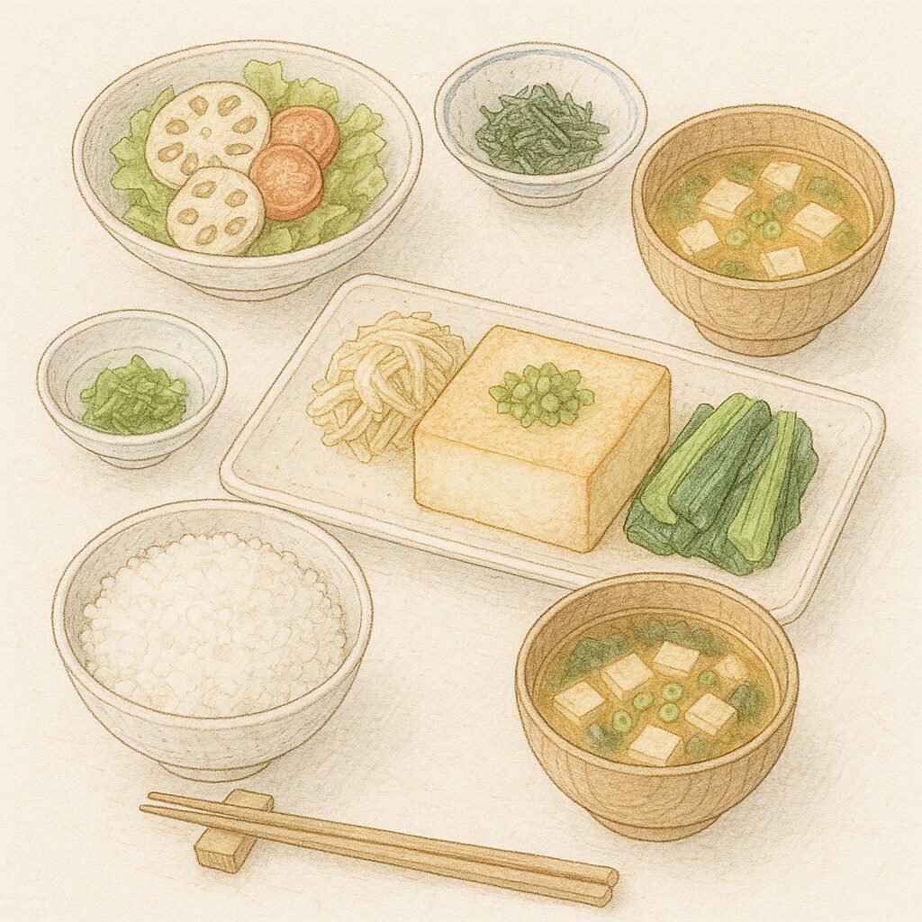 豆腐、味噌汁、青菜、サラダ、白ご飯など植物性食材を使った和食の水彩イラスト。栄養バランスの良い食事が並んでいる。