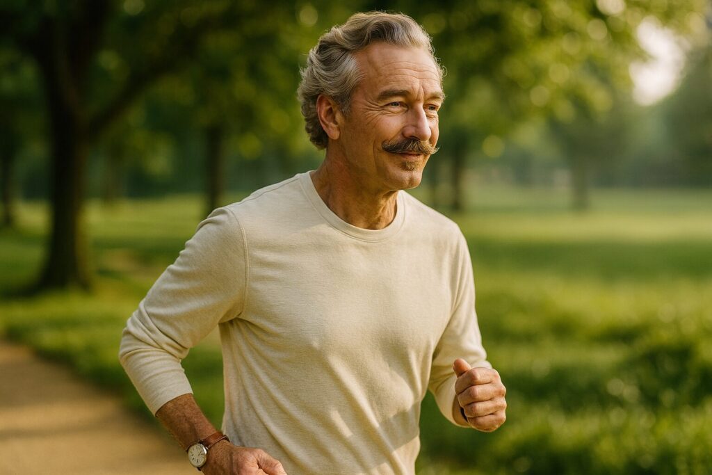 朝の公園を軽やかに走るアラカン紳士。健康的な肌ツヤと明るい表情が、ヴィーガン生活の前向きなイメージを伝える。