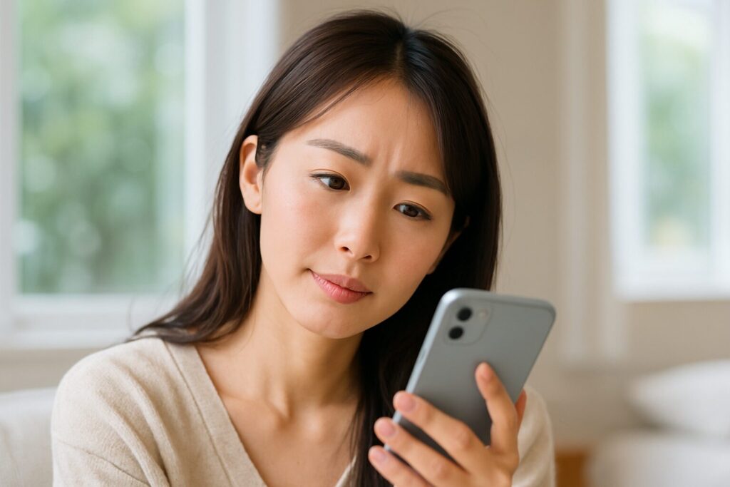 スマートフォンを見つめ、少し不安そうな表情をする女性。疑問や不安を抱えている様子。