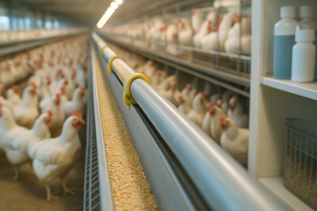 工業型畜産の養鶏場 抗生物質使用と密集飼育の環境イメージ