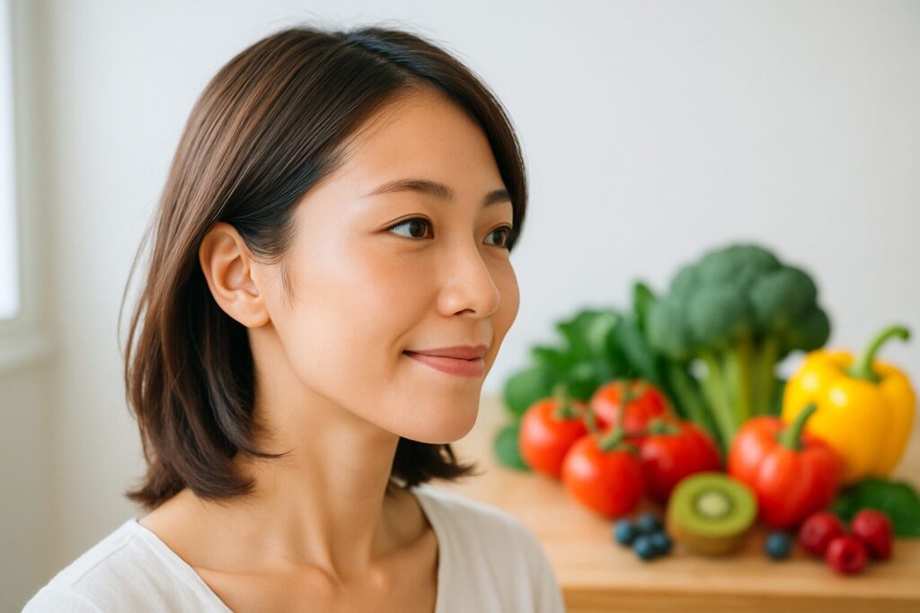 新鮮な野菜や果物の前で微笑む日本人女性の横顔の写真。トマト、パプリカ、ブロッコリー、キウイなど色鮮やかな食材が背景に並んでいる。