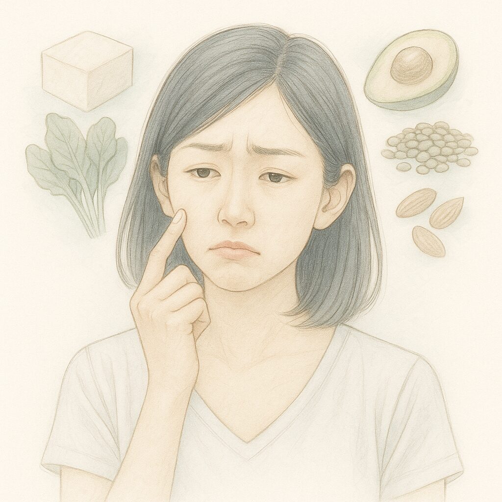 栄養の偏りによる肌の不調を気にする若い女性が、たんぱく質や鉄分など不足しがちな植物性食材を背景に考え込んでいる水彩イラスト