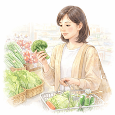 スーパーで野菜を選ぶ日本人女性の様子から日常でできる小さな食の選択を示すイラスト