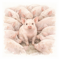 密集した環境で飼育される豚の様子と行動制限によるストレスを示すイラスト