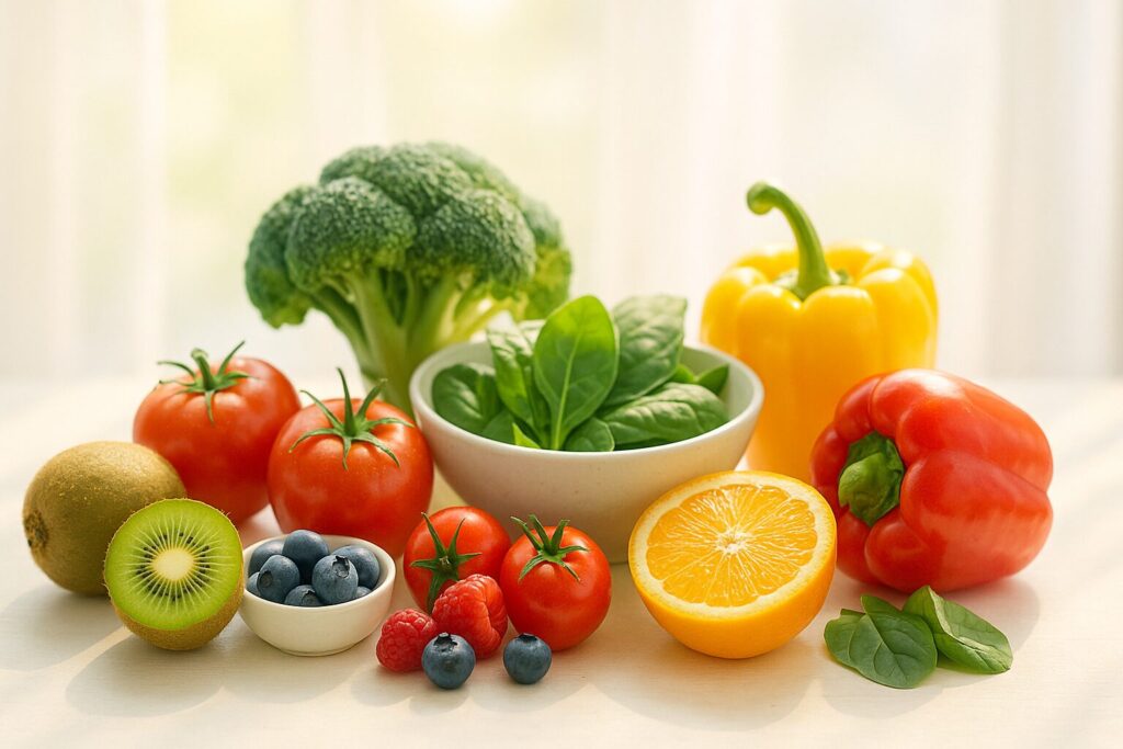 トマト、ほうれん草、ブロッコリー、パプリカ、キウイ、ベリー類、オレンジなど色とりどりの野菜と果物が並んだヴィーガン食材の盛り合わせ。抗酸化物質やビタミンCが豊富な食材。