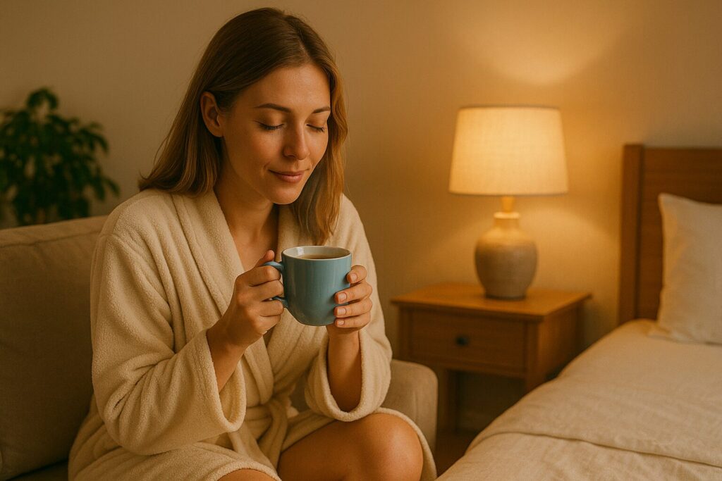 ナイトガウンを着た女性が寝る前にハーブティーを飲み、やわらかい照明のもとでリラックスしている様子