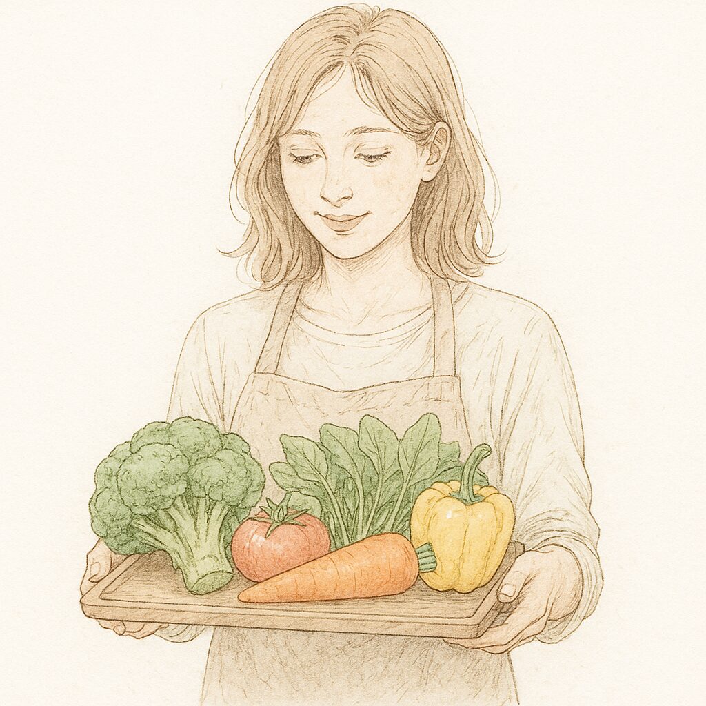 色とりどりの野菜をトレイに乗せて持つ女性の水彩イラスト。ブロッコリーやトマト、にんじん、葉物野菜が描かれている。
