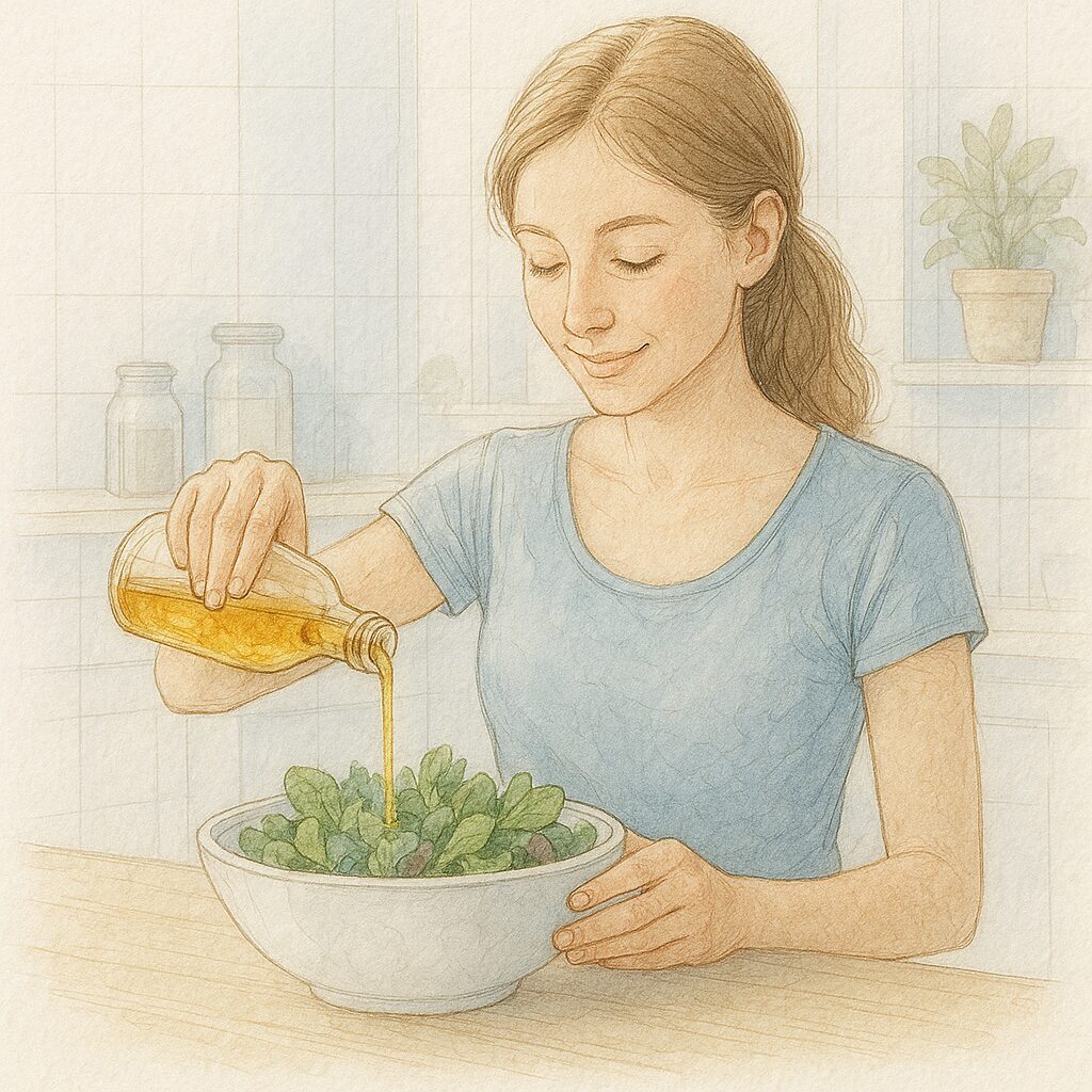 若い女性がキッチンでサラダにオリーブオイルを注いでいる。植物性の良質なオイルを使ったヴィーガン料理を準備している様子。