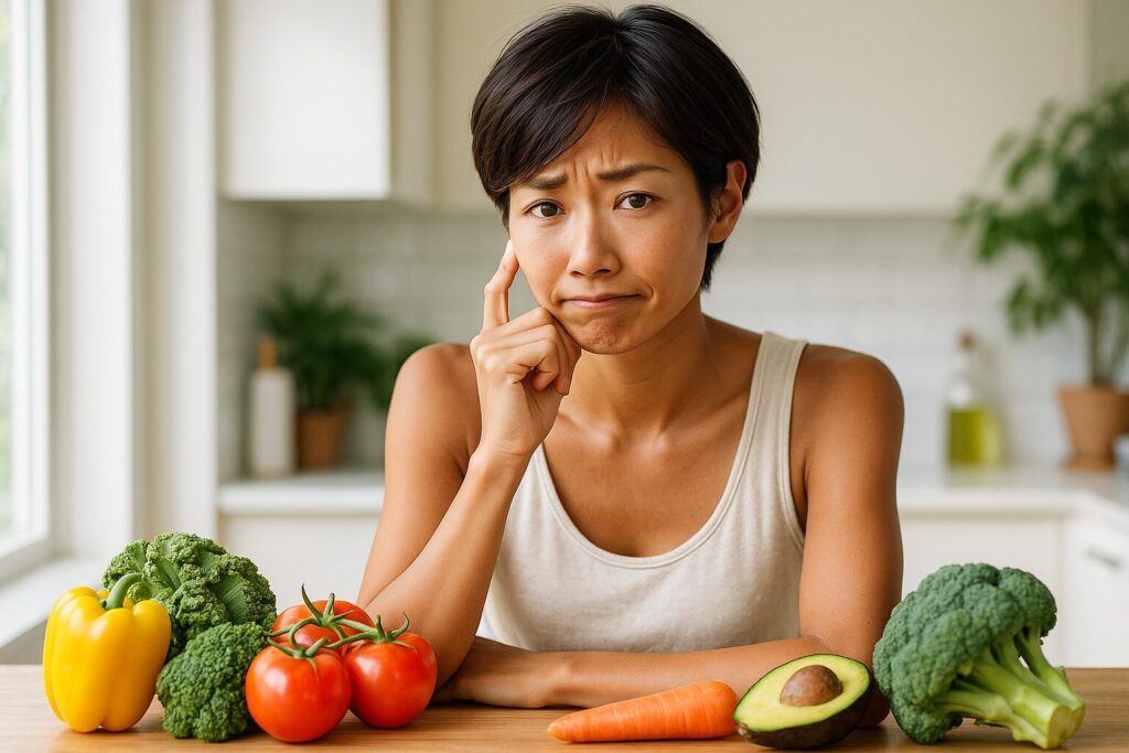 野菜の前で少し困った表情を見せる女性。ヴィーガン生活の栄養バランスや老け見えの悩みをイメージしたシーン。