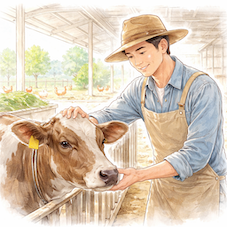 農家が牛に優しく触れながら世話をする様子から生産者の取り組みを示すイラスト