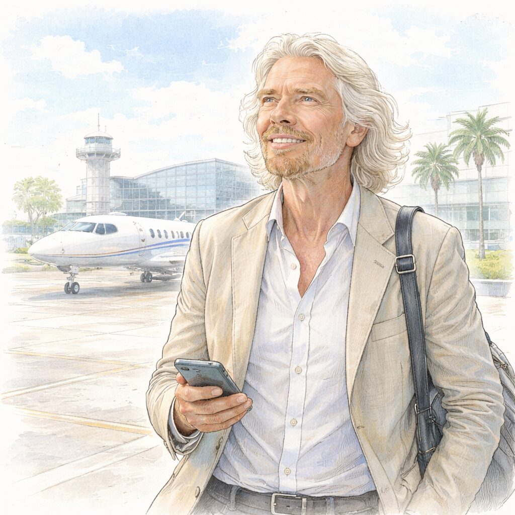 飛行場を背景に、サステナブルな価値観を持つ海外起業家をイメージした水彩イラスト。ビジネスと社会課題を両立する実業家の象徴的なビジュアル。