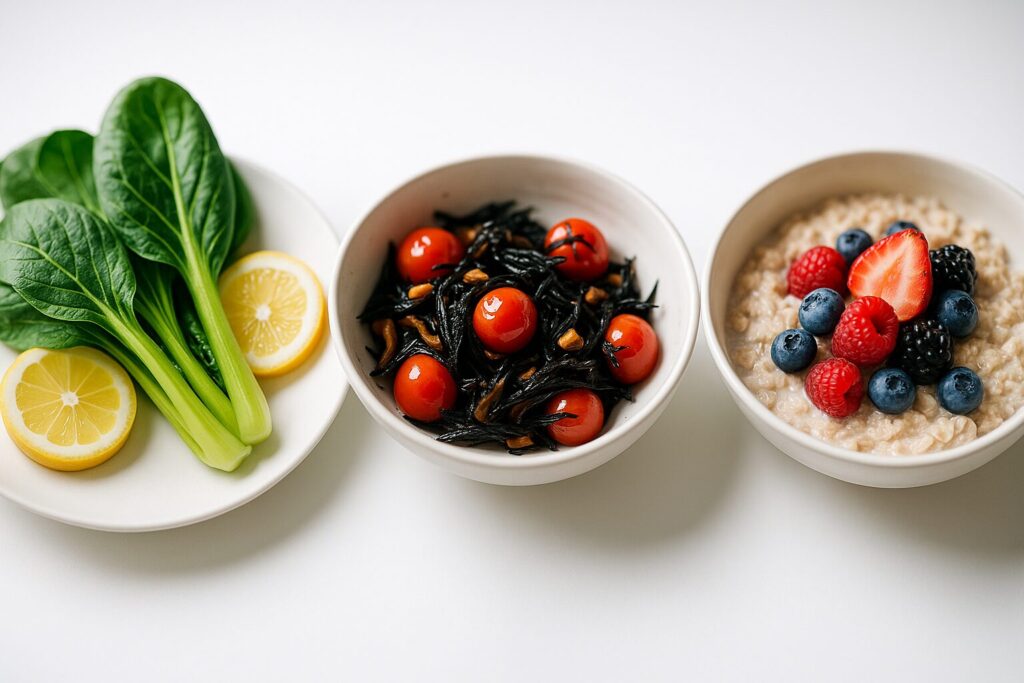 小松菜とレモン、ひじきとミニトマト、オートミールにベリー類を組み合わせた鉄分を含む植物性食材の写真。非ヘム鉄とビタミンCを組み合わせることで吸収率が上がるミドル世代女性の貧血対策向け食べ合わせ例。