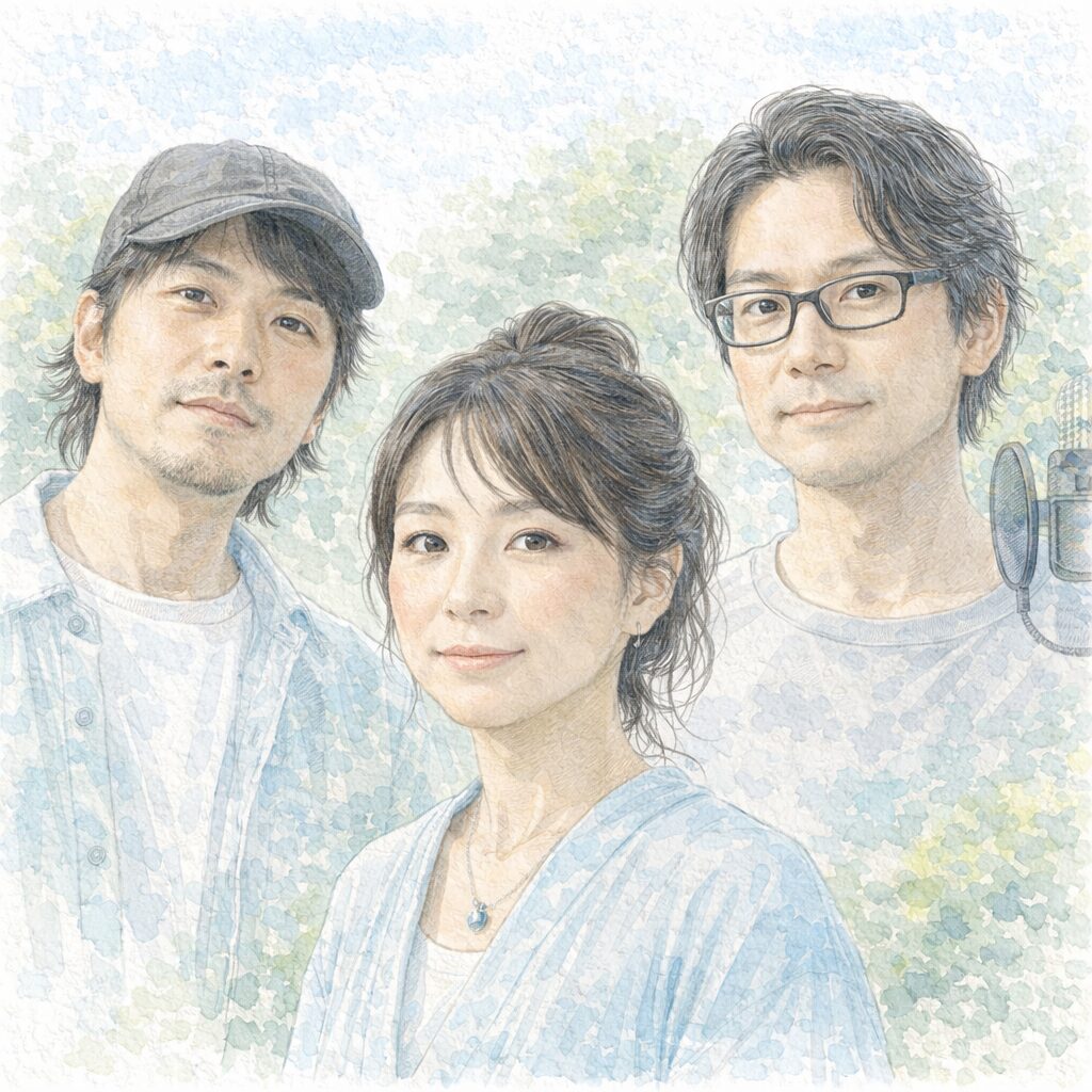 日本の音楽ユニットをイメージした3人のアーティストの水彩イラスト。自然体で柔らかな世界観のビジュアル