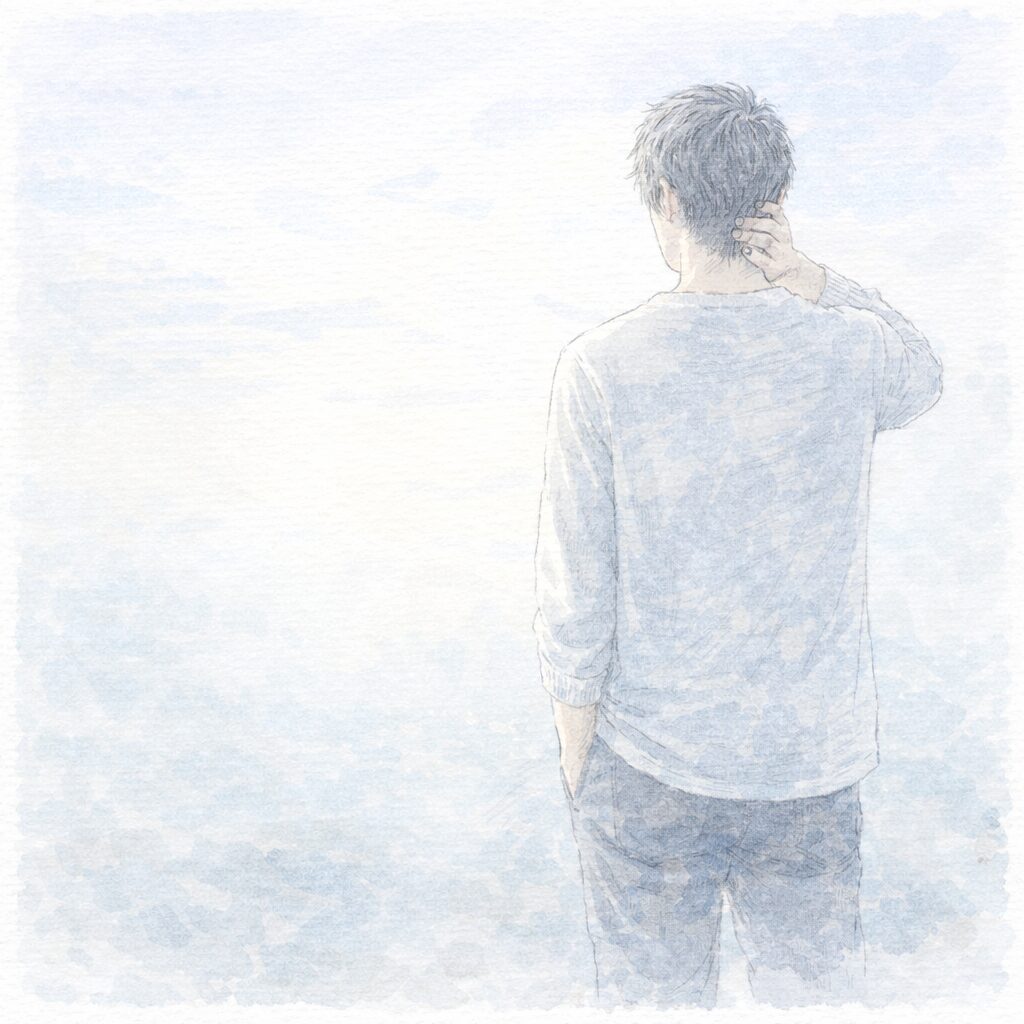 淡い背景の中で立ち止まり考える人物の後ろ姿。ヴィーガンをやめた選択を否定せず、自分のペースを大切にする姿勢を表したイメージ。