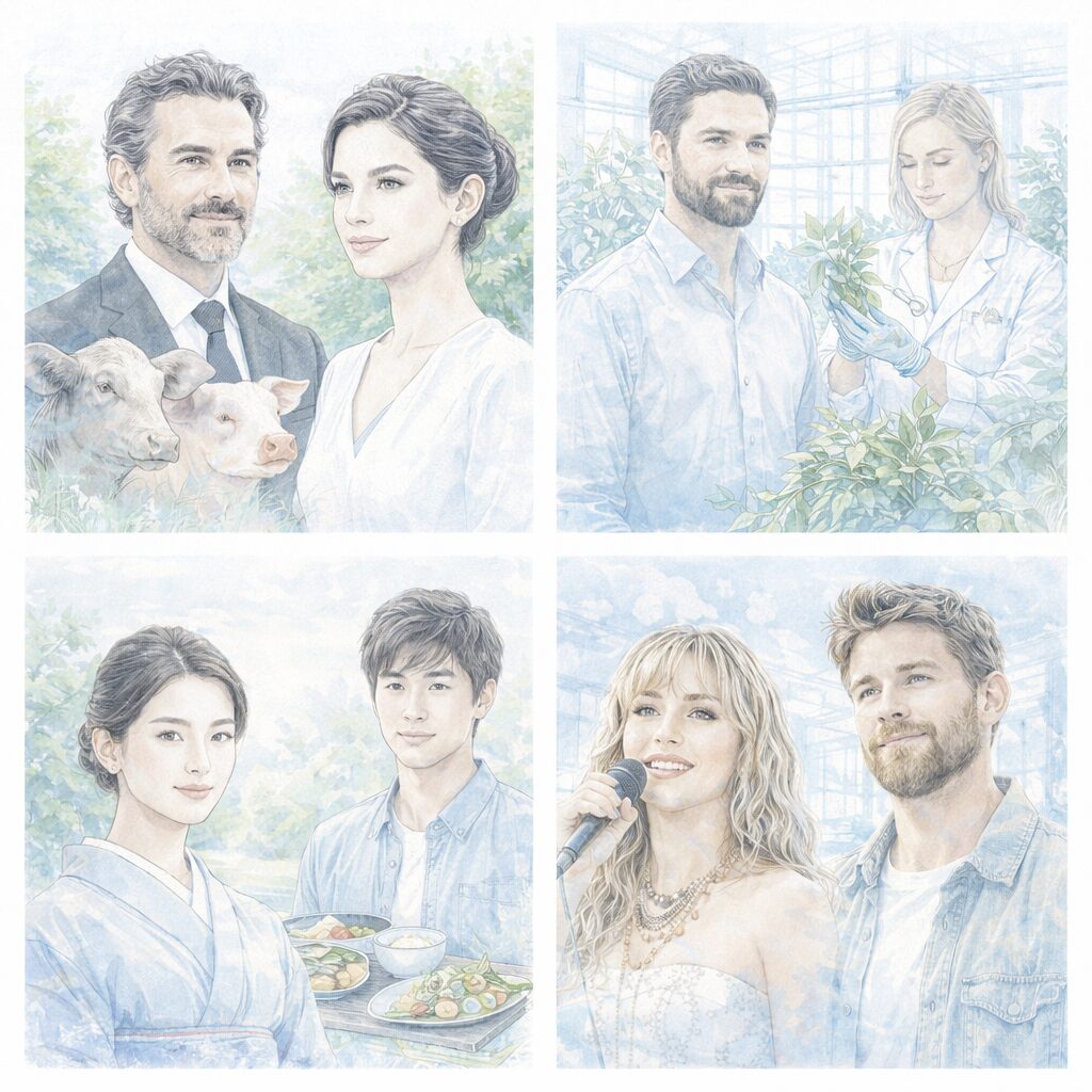 植物性の価値観を象徴する、複数のヴィーガン著名人をイメージした水彩イラストのコラージュ