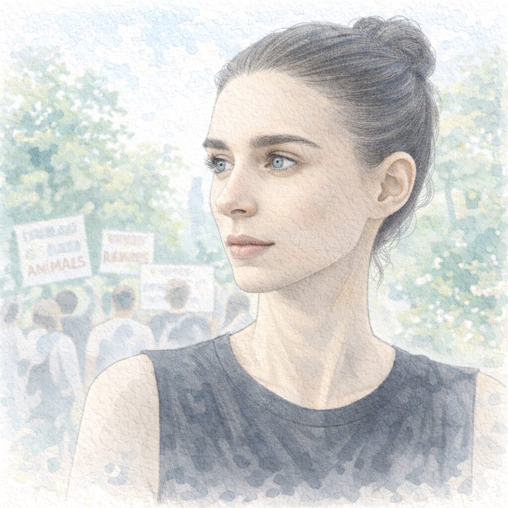 ヴィーガンや植物性中心の食生活について語った俳優ルーニー・マーラーをモチーフにした、淡い水彩タッチの肖像イラスト