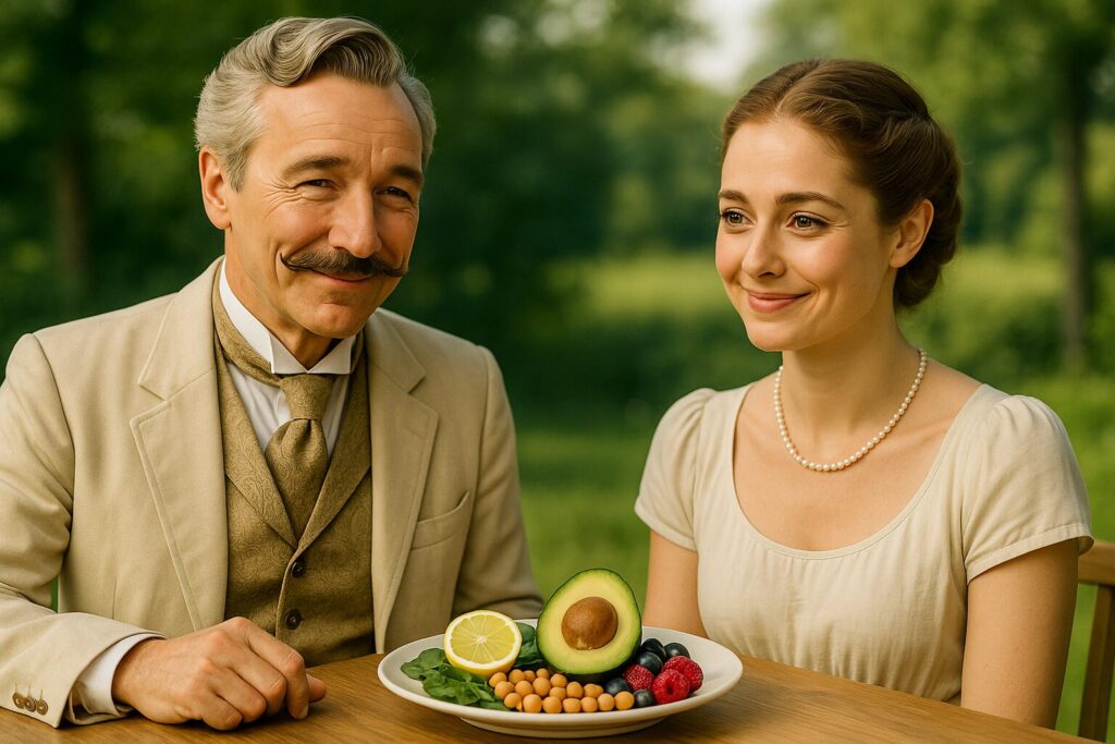 アラカン紳士と女性が庭で微笑む。テーブルには鉄分がとれるアボカド・レモン・豆類・ベリーが並ぶフォトリアル写真。