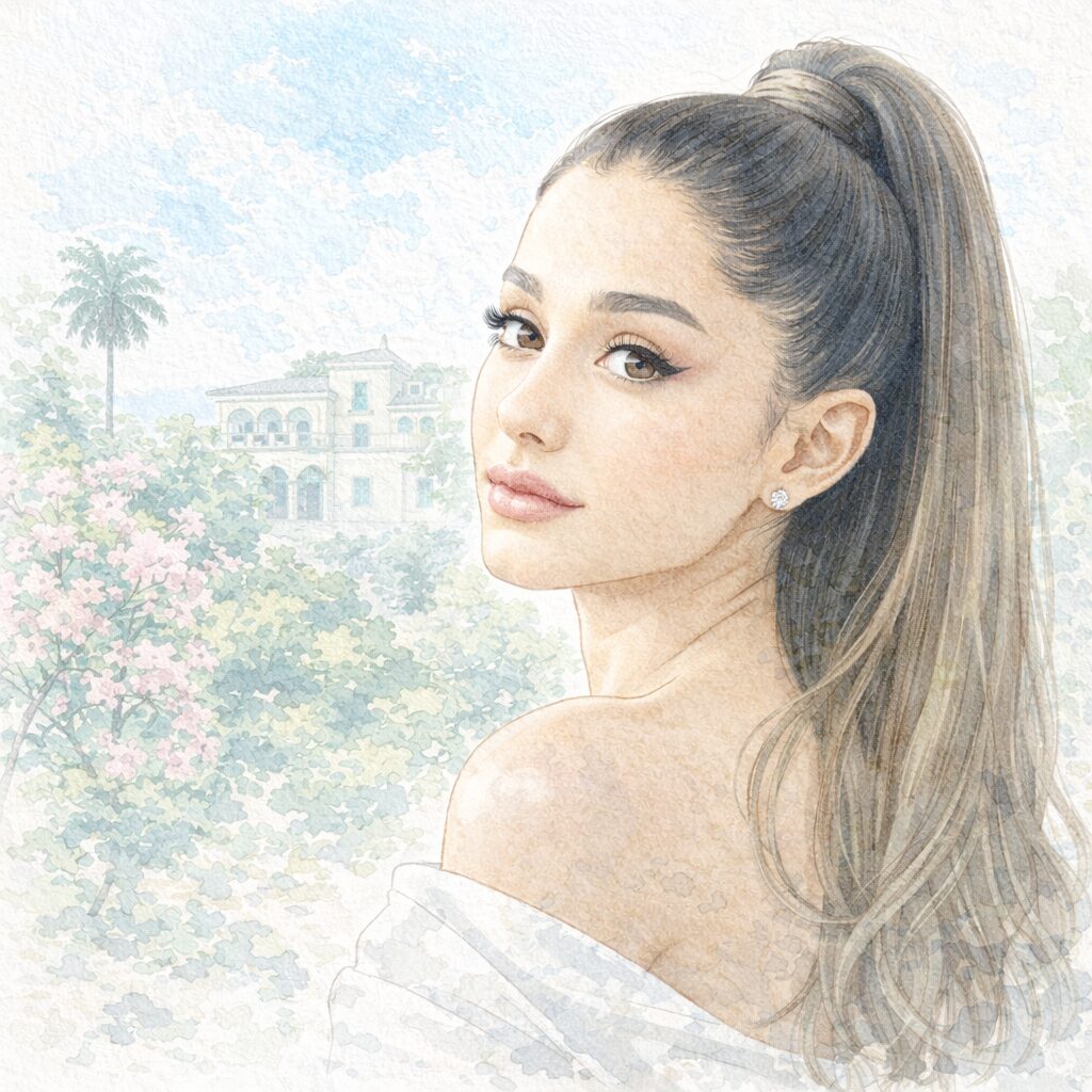 ヴィーガンとして知られるアリアナ・グランデをイメージした水彩肖像画。自然と調和した植物性中心のライフスタイルを表現したイラスト