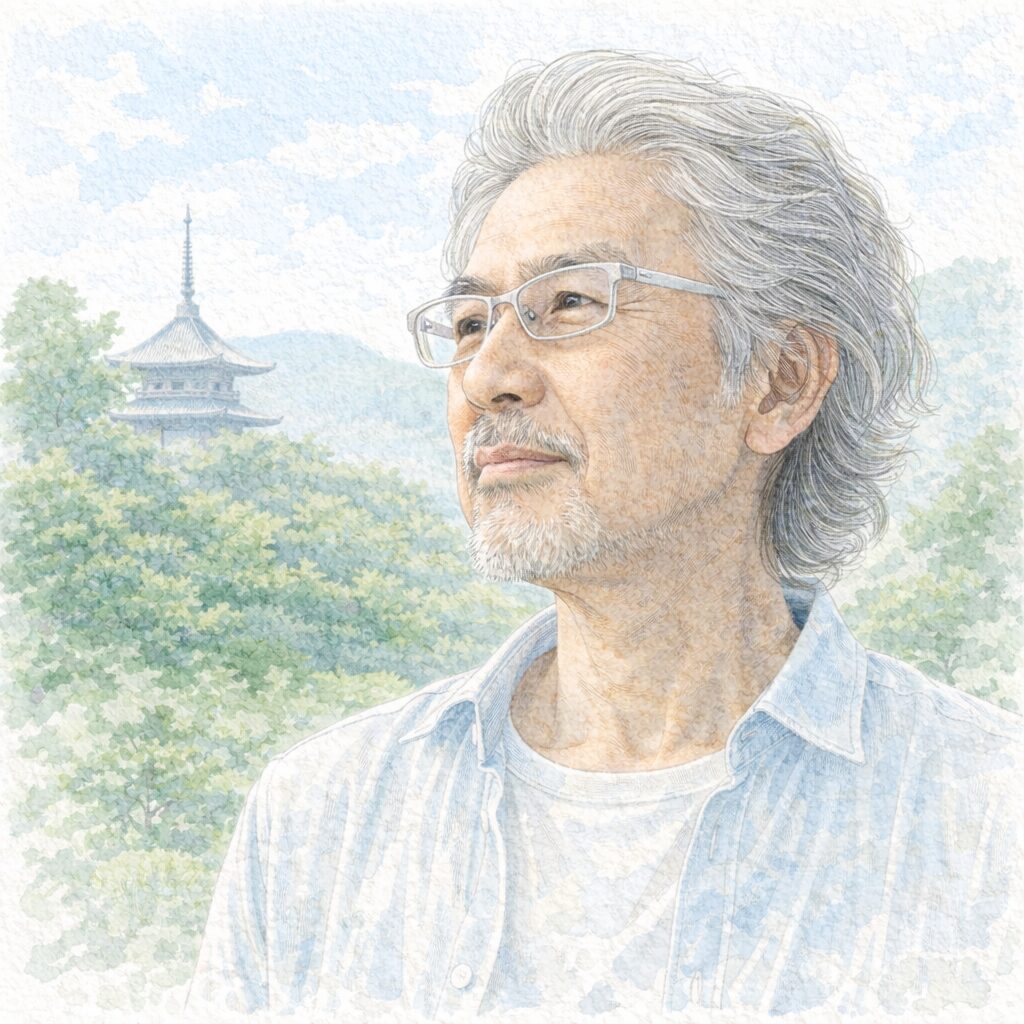 日本の寺院と自然を背景に佇む音楽家の水彩イラスト。穏やかな価値観と自然志向を表現した人物像