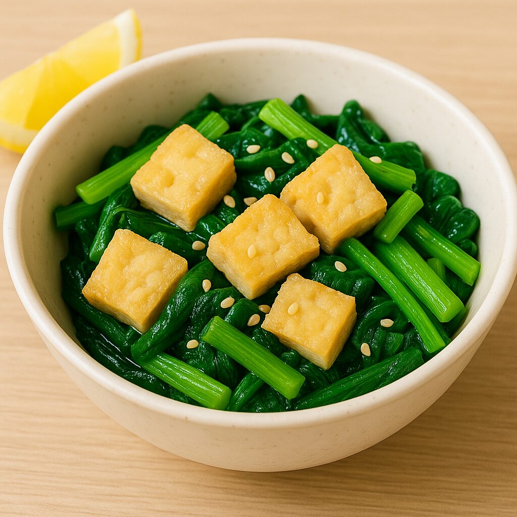 小松菜を茹でて高野豆腐と和え、白ごまをのせた鉄分豊富な副菜。レモンを添えて鉄吸収率を高める、胃にやさしいミドル世代向けレシピ。