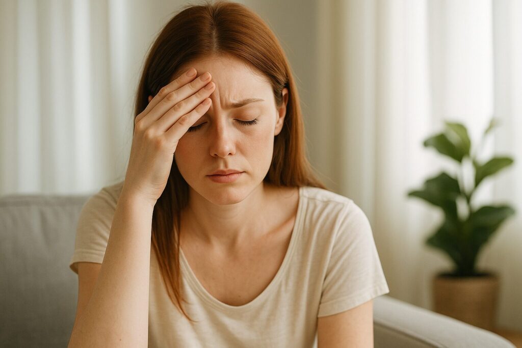 鉄不足による疲労や頭痛に悩む女性が、手で額を押さえてつらそうに目を閉じている様子を写した写真。貧血症状の代表的な疲れ・めまい・倦怠感を表現したシーン。