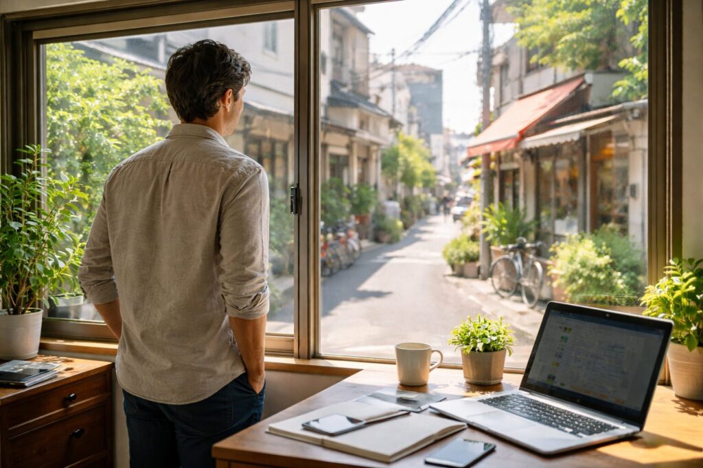 日本の商店街に面した小さなオフィスで、社会課題を考える起業家の後ろ姿。日常の延長線上でサステナブルな選択を模索する実業家の風景。