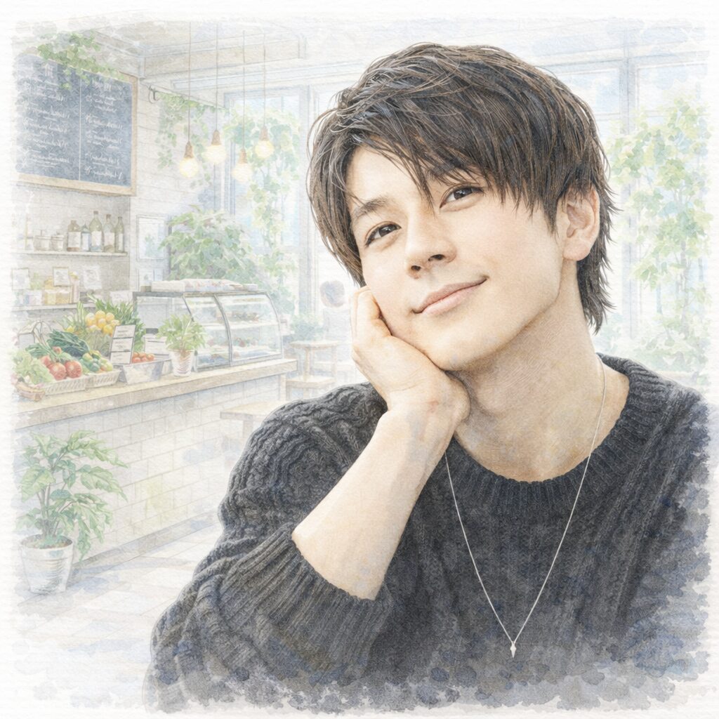 ヴィーガンカフェの店内で考える日本のヴィーガン起業家イメージの水彩イラスト。プラントベース、ヴィーガンビジネス、持続可能な食生活をテーマにしたブログ用画像。