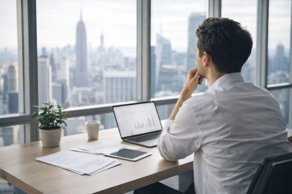 都市のオフィスで持続可能な価値観をもとに意思決定を考える実業家の後ろ姿