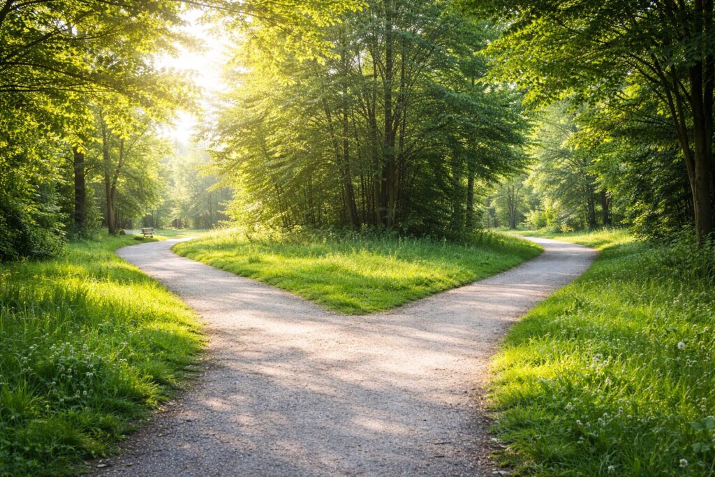 森の中で二つに分かれる道を写した風景写真。ヴィーガンを続ける・やめるといった人生の選択や価値観の分岐を象徴するイメージ。