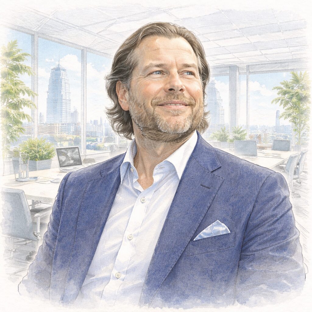 都市型オフィスを背景に、持続可能な経営を考える海外起業家をイメージした水彩イラスト。倫理的ビジネスと意思決定を象徴。