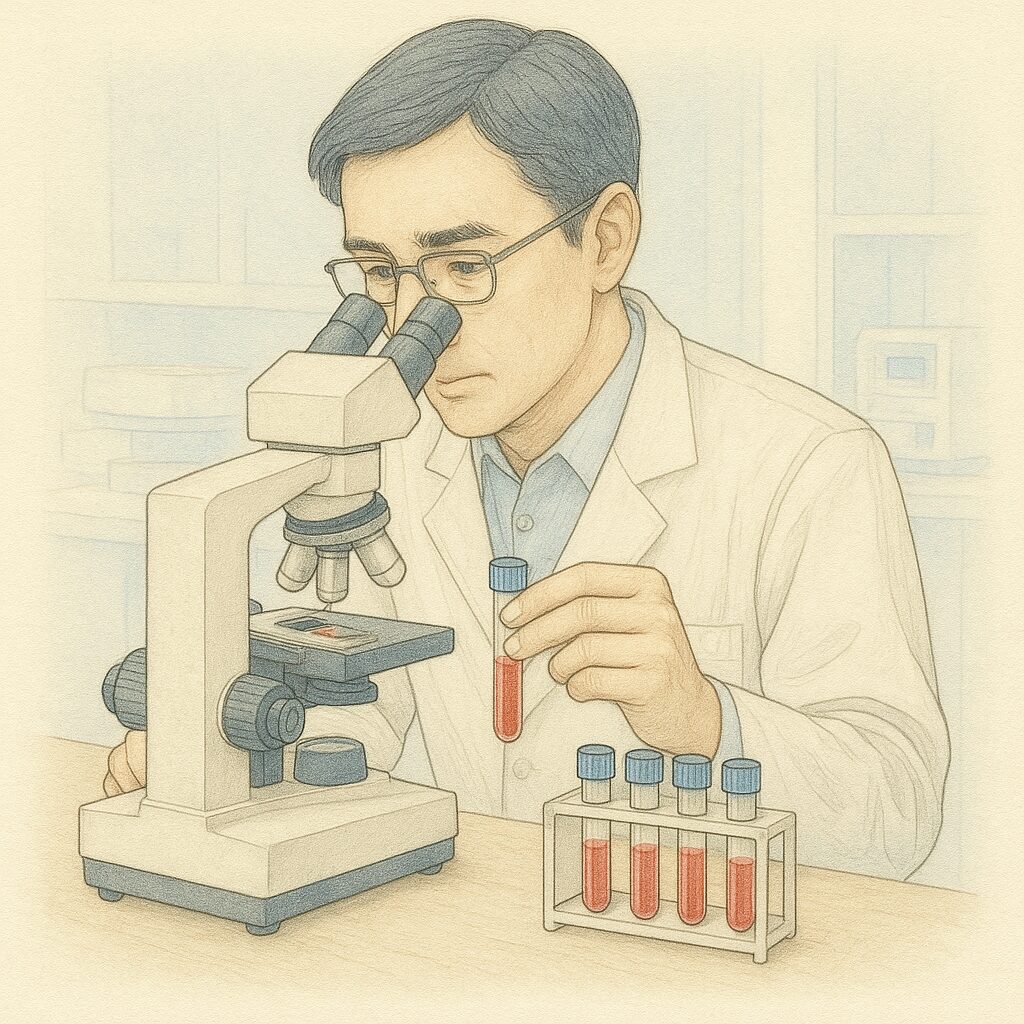 顕微鏡で血液サンプルを分析する男性医療技師を描いた水彩と線画のイラスト。明るく清潔な検査室には、自動分析装置や試験管が並び、窓から光が差し込んでいる。精密な線と淡く透明感のある色彩で、専門的で落ち着いた雰囲気が表現されている。