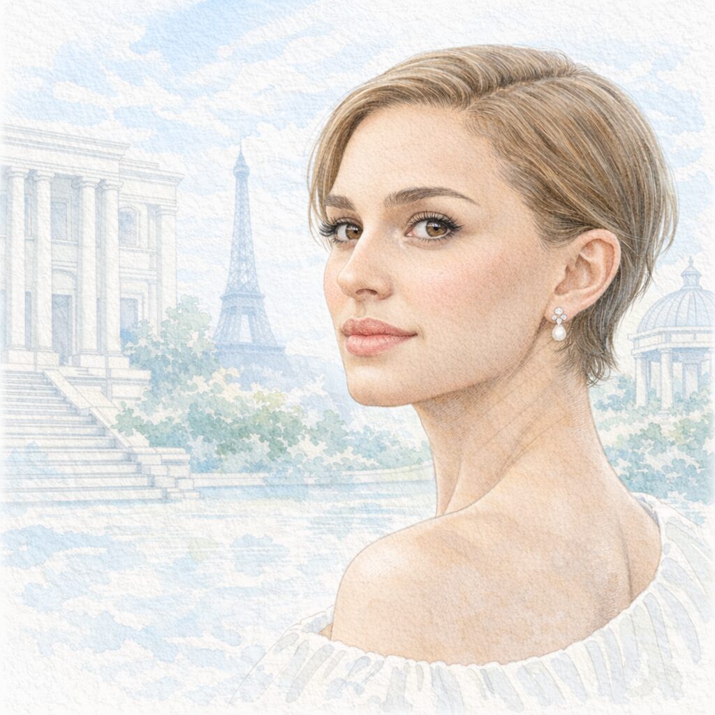 ヴィーガンや植物性中心の食生活について語った俳優ナタリーポートマンをモチーフにした、淡い水彩タッチの肖像イラスト