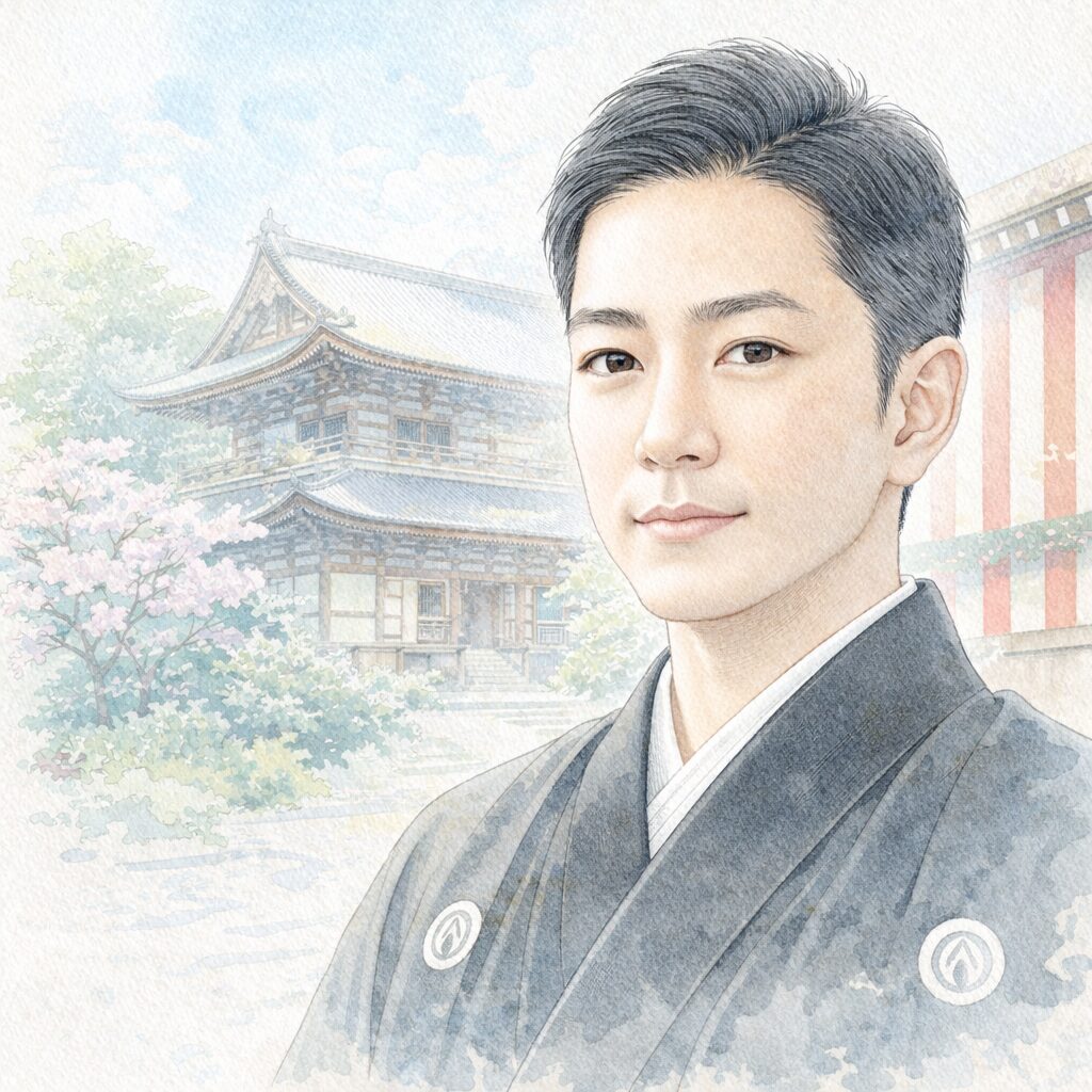 坂東巳之助をイメージした水彩画風ポートレート。伝統芸能と現代的な価値観を併せ持つ日本の俳優