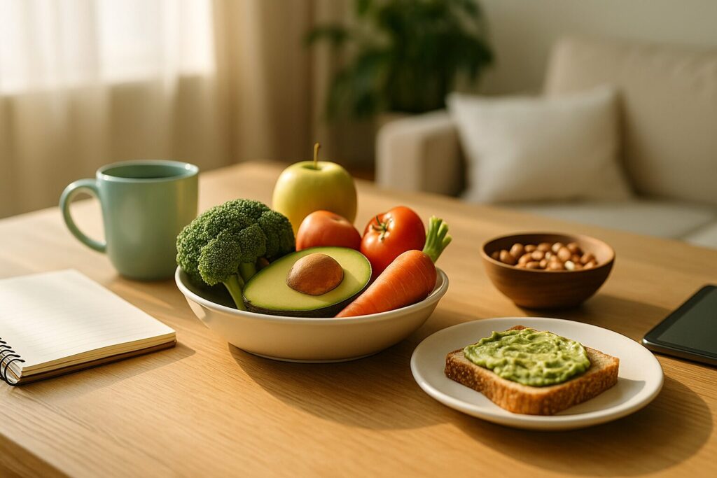 2026年版ヴィーガン著名人まとめの導入イメージ。明るい自然光の中で、植物性中心の食事と落ち着いた暮らしを象徴するフォトリアルなシーン