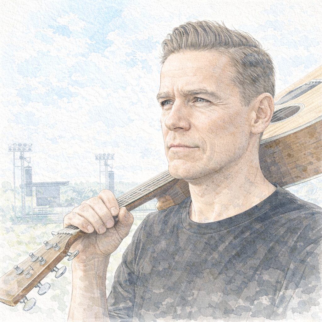 長年ヴィーガンとして知られるブライアン・アダムスを描いた水彩イラスト。音楽と動物愛護、植物性中心の価値観を象徴する背景