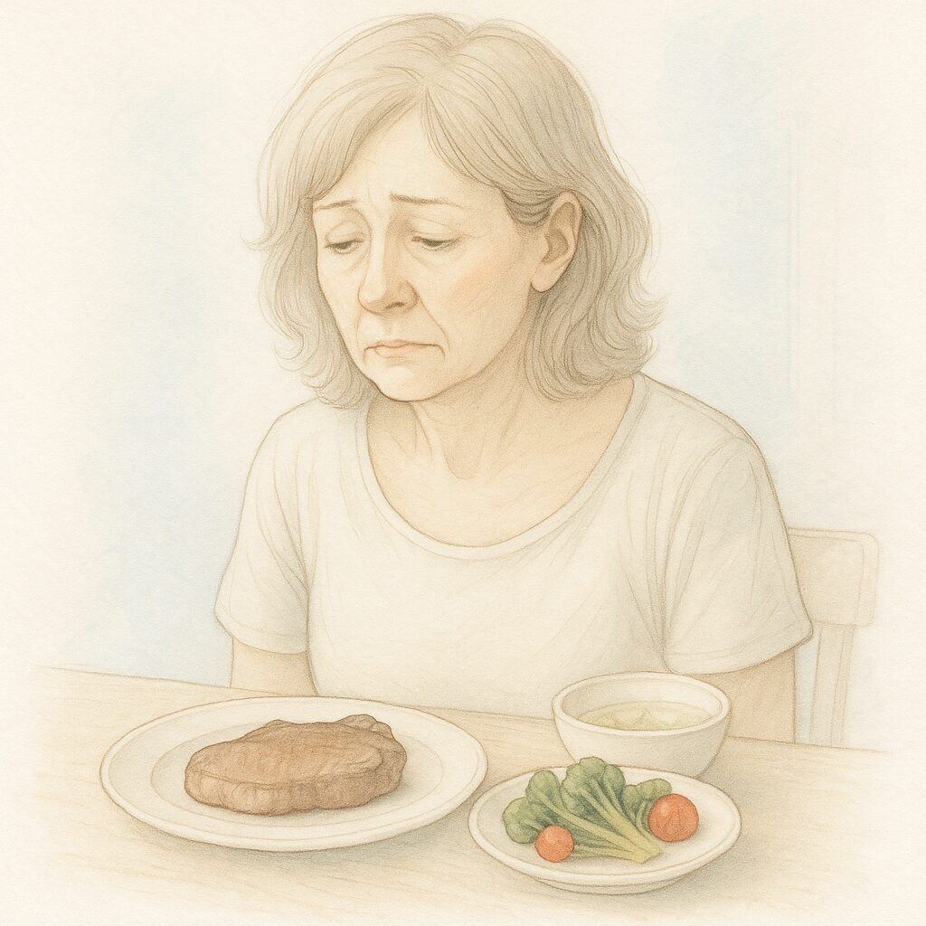 40〜50代の女性が、テーブル上の少量のステーキを前に戸惑った表情で座っている水彩イラスト。肉が重く感じやすい年代特有の食の悩みをやわらかな線画と淡い彩色で表現している。