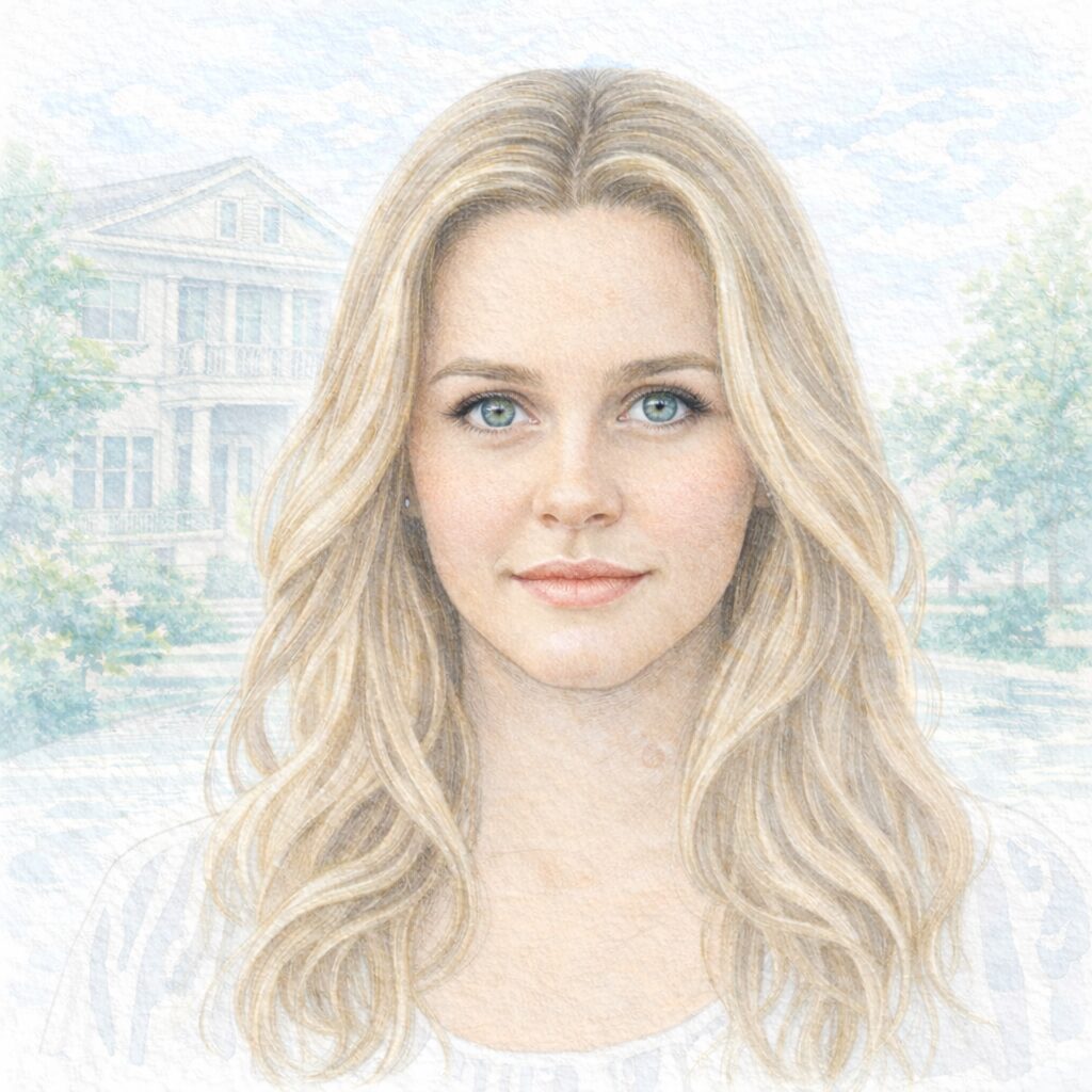 ヴィーガンや植物性中心の食生活について語った俳優アリシア・シルバーストーンをモチーフにした、淡い水彩タッチの肖像イラスト