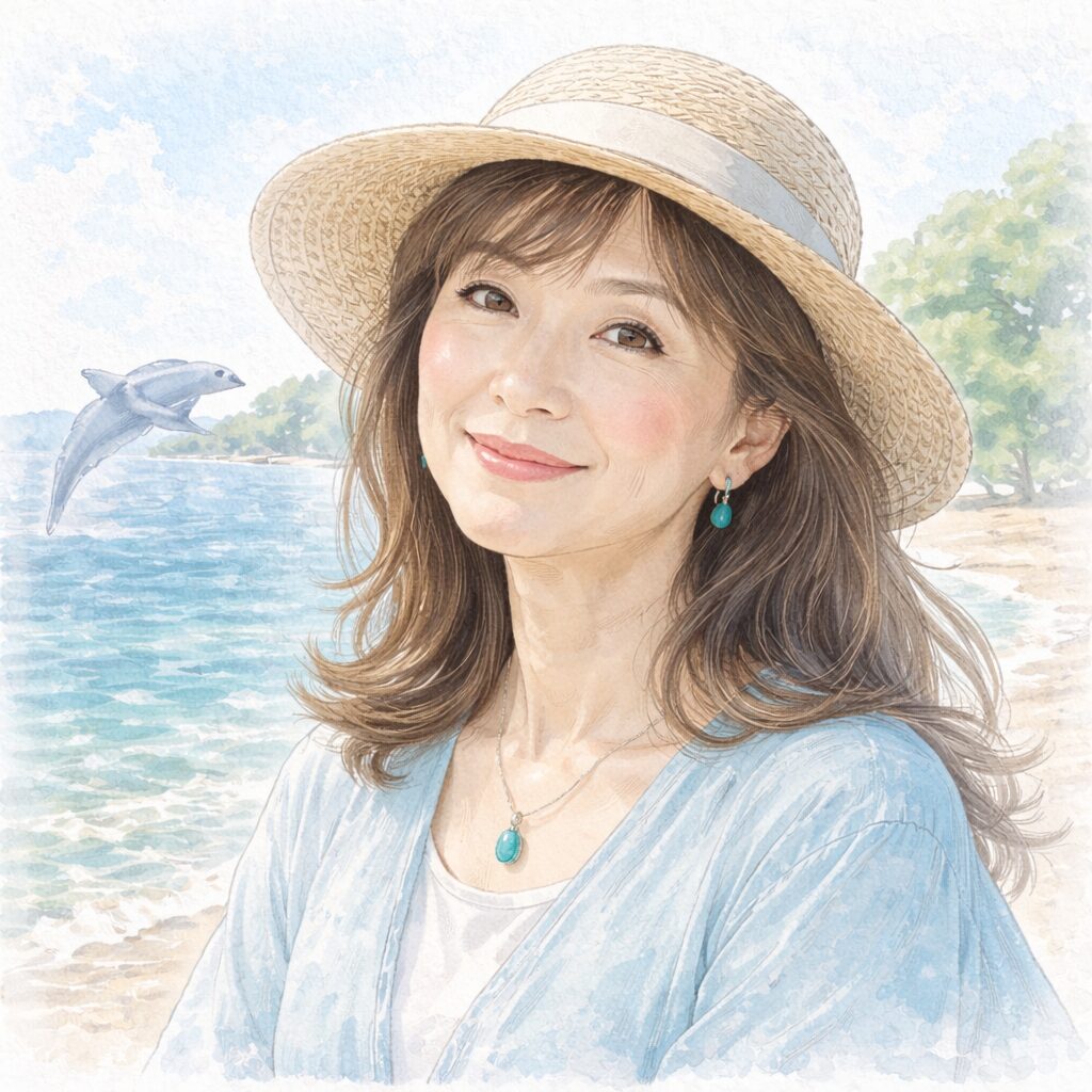 海とイルカを背景に微笑む日本の女性音楽家の水彩イラスト。自然や動物への関心を感じさせるビジュアル