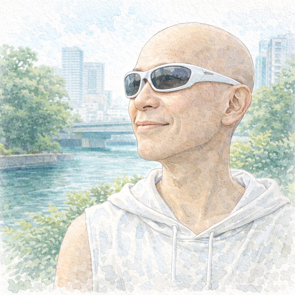 都市と緑を背景にした日本の音楽家の水彩イラスト。シンプルで自然志向のライフスタイルを表現