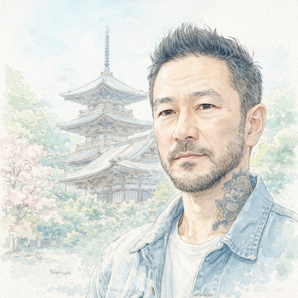 浅野忠信をイメージした水彩画風ポートレート。日本の俳優として知られ、植物性中心のライフスタイルに関心を示す人物像